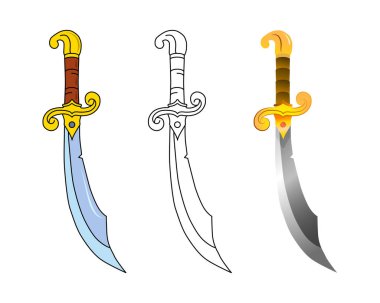 Savaş kılıcı beyaz arka planda izole edilmiş. Vektör illüstratör seti: basit çizgiler, düz grafikler, gradyan gerçekçi resim. Oyunlar ve web grafikleri için logo, simge, model.
