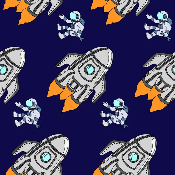 Rocket in space. Seamless pattern. Striving for the stars and knowledge. Technology development. Hand drawn color Science UFO Sketch Education vector illustration. Doodle scientific background.