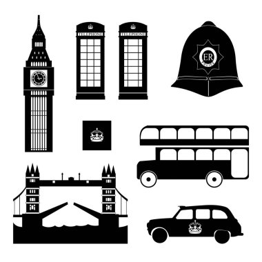 Düz Birleşik Krallık, Londra seyahat nesneleri siluet seti. Beyaz arkaplanda izole edilmiş ince çizgi biçiminde vektör illüstrasyon ağ silueti. 