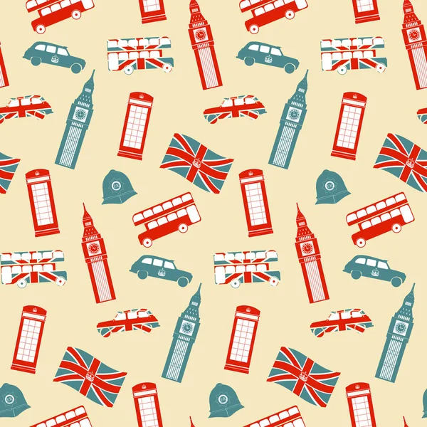 Płynny Wzór Symbolami Londynu Ilustracja Dla Pocztówek Tekstyliów Opakowań Okładek — Wektor stockowy