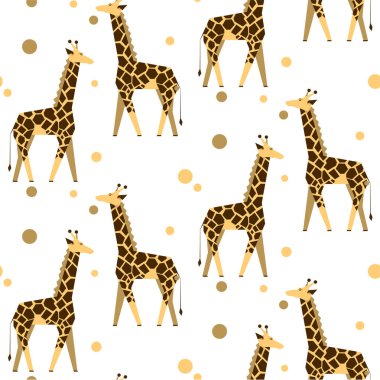 Zürafa kusursuz desen. Afrika savanasının logosu ve sembolü. Etiket ve poster için web hattı resmi. Düz tasarım. Renk arkaplanı