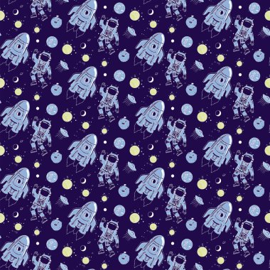 Uzayda roket. Kusursuz desen. Yıldızlar ve bilgi için çabalıyorum. Teknoloji gelişimi. El çizimi rengi Bilim UFO Sketch Eğitim Vektörü çizimi. Doodle bilimsel arkaplanı.