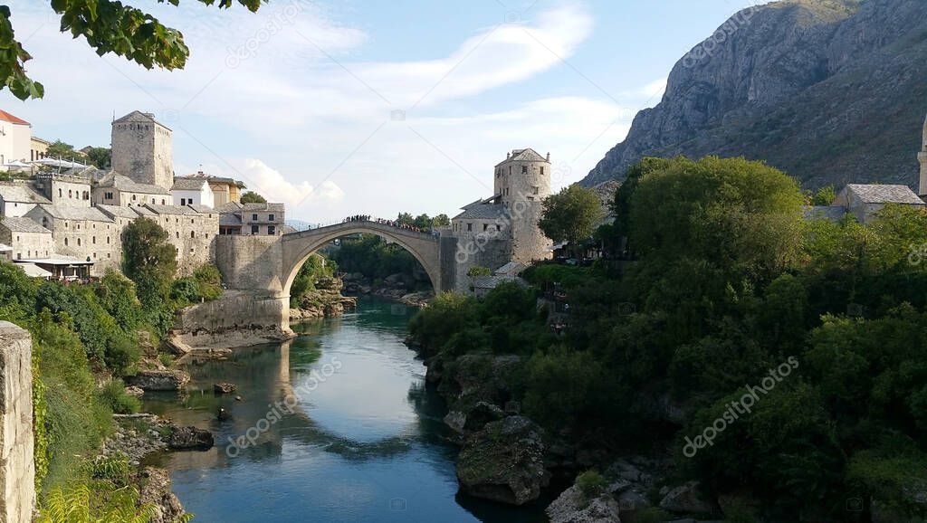 View on the Mostar bridge, Bosnia. A world heritage site.