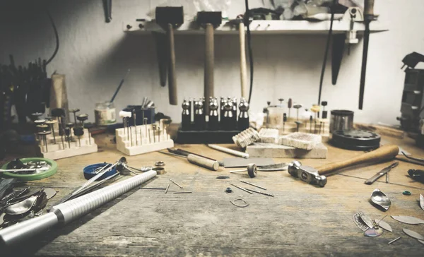 Workplace Jeweler Tools Equipment Working Old Wooden Table Desktop Craft — Stock Photo, Image