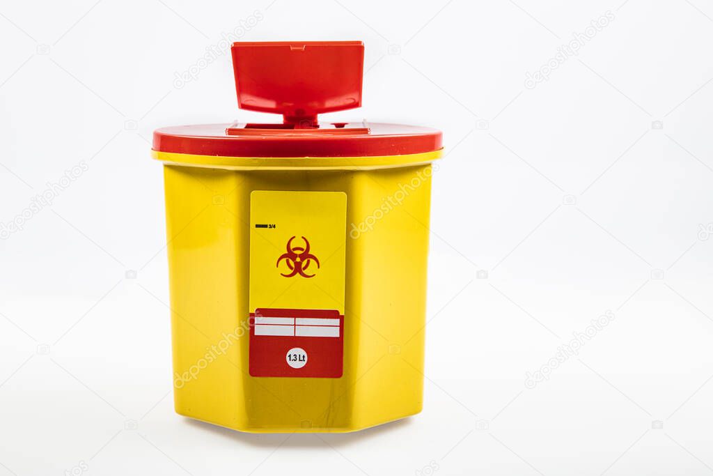 Medical Waste Rubbish Bins 1,3 liter. Yellow biohazard medical contaminated clinical waste container isolated on white background.