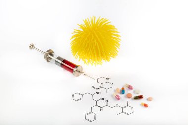 Lopinavir molekülü. Bu antiretroviral protein inhibitörü, insan bağışıklık yetmezliği virüsü HIV enfeksiyonu tedavisinde kullanılan ve bağışıklık yetmezliği sendromu AIDS, 2019-ncov, coronavirus.