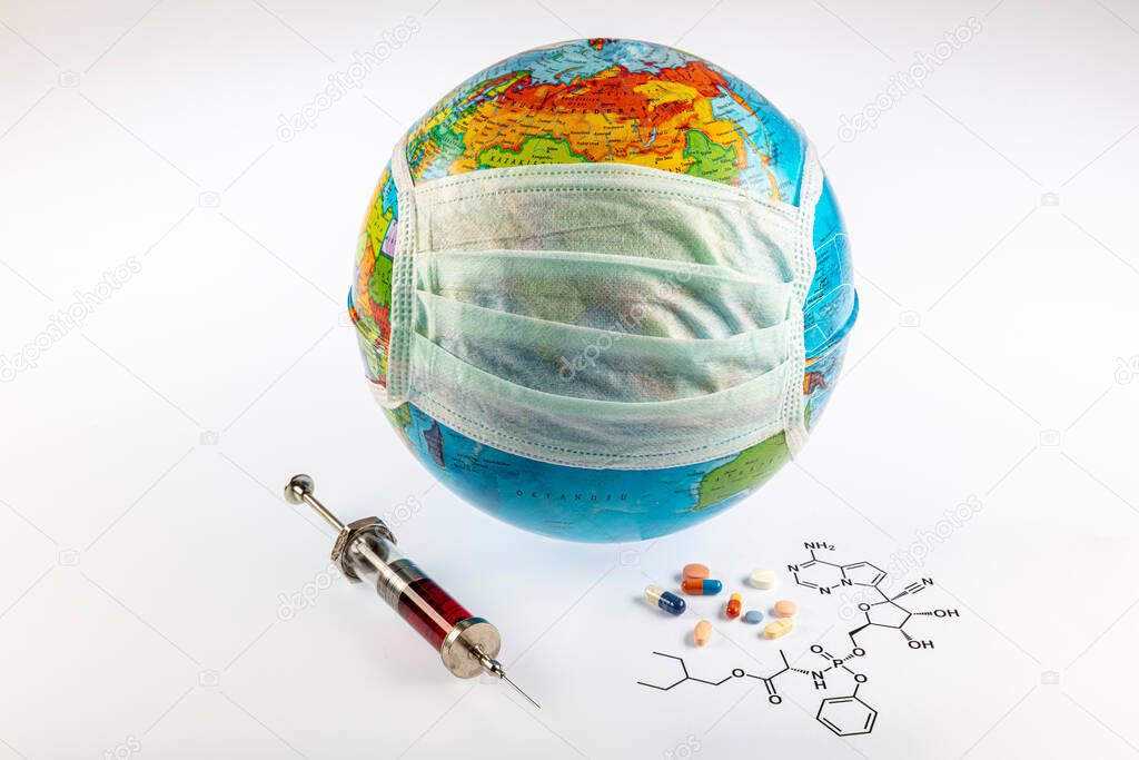Remdesivir antiviral, thought to could cure coronavirus respiratory sickness. Remdesivir molecule and some medicines/injection syringe near the earth which takes medical mask.