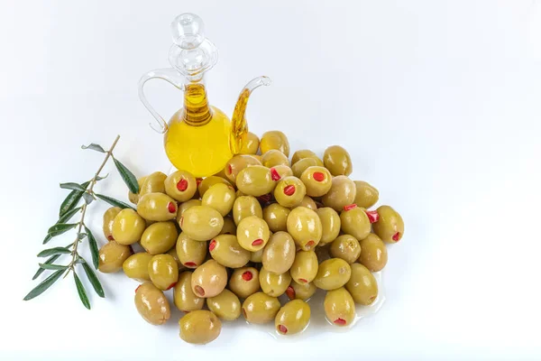 Olive Verdi Ripiene Peperoncino Olive Verdi Farcite Con Peperoncino Fondo — Foto Stock