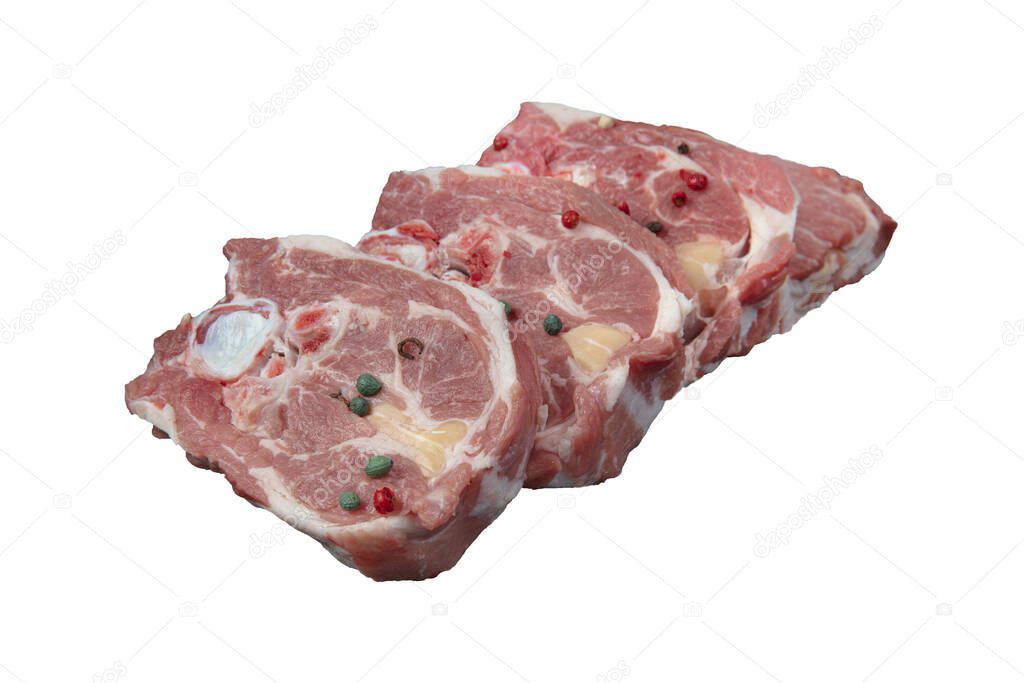 Raw fresh meat lamb, lamb neck (Lamb Gerdan) isolated on black ground. Copy space for Text. sirloin on bone neck.