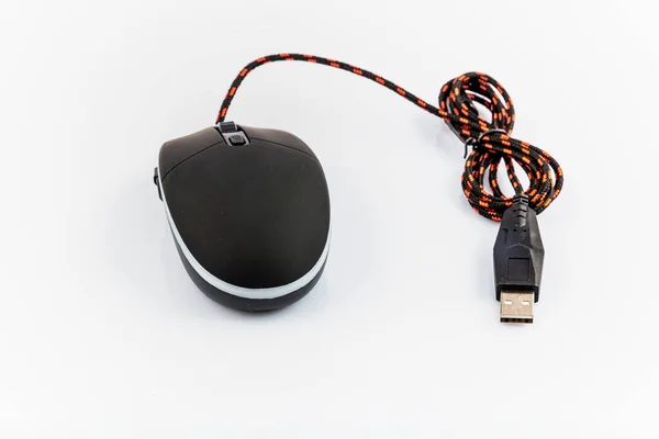 Black Laser Mouse Usb Cable Computer Mouse Isolated White Background — Stock Photo, Image