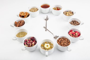 Çay saati anlamına gelen bir kavram ya da yaratıcı bir fikir. Merkezde ve çeşitli kurumuş otların çevresinde hazırlanması için faydalı bitkisel ya da yeşil çay.