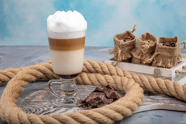 Kaffe Latte Glas Med Choklad Kopp Kaffe Latte — Stockfoto