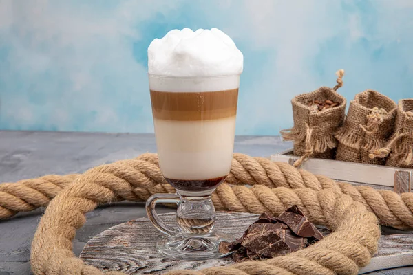 Kaffe Latte Glas Med Choklad Kopp Kaffe Latte — Stockfoto