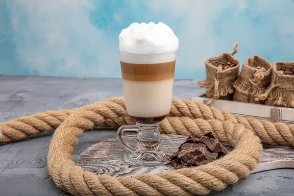 Kaffe Latte Glas Med Choklad Kopp Kaffe Latte — Stockfoto