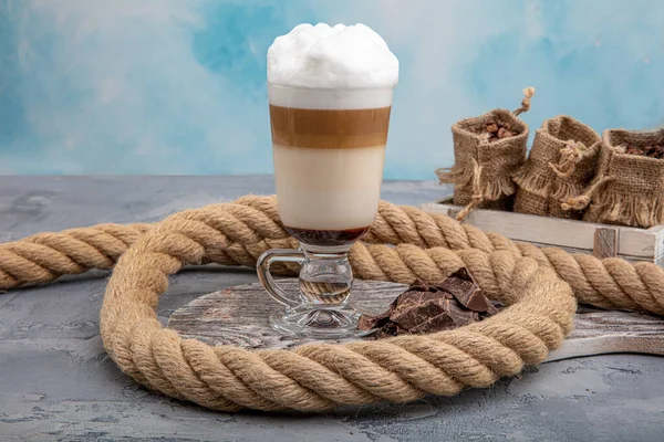 Kaffe Latte Glas Med Choklad Kopp Kaffe Latte — Stockfoto