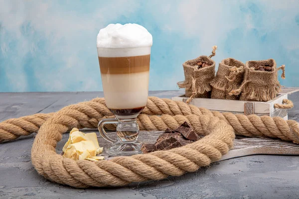 Kaffe Latte Glas Med Choklad Kopp Kaffe Latte — Stockfoto