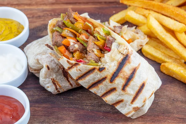 Tortilla Wraps Sandwiches Fresh Vegetables Minced Meat Served French Fries — Stock Photo, Image