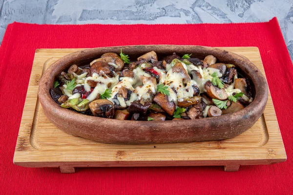 Mushroom with melted cheese in casserole stew — Stock Image Mushroom Melted Cheese Casserole Stew Stock Picture