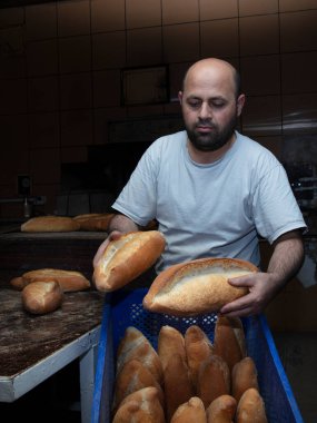 Fırında çalışan genç bir erkek işçi. O, ekmeği rafa koyar. Fırından taze somun ekmeği. Ekmek pişiriyorum. Fırın Taşımacılığı.