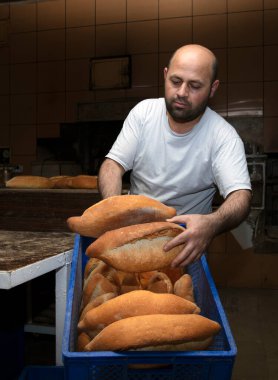 Fırında çalışan genç bir erkek işçi. O, ekmeği rafa koyar. Fırından taze somun ekmeği. Ekmek pişiriyorum. Fırın Taşımacılığı.