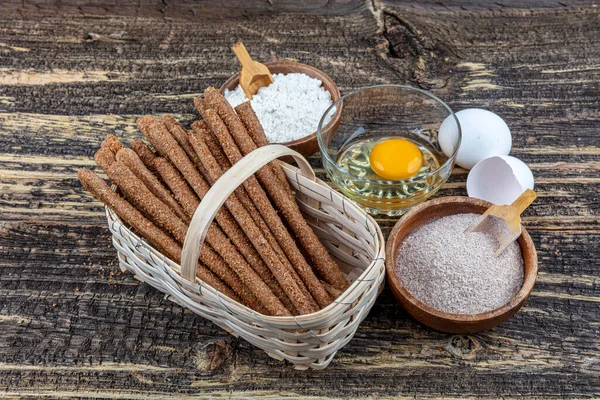 Pile Whole Wheat Flour Grissini Breadsticks Wooden Background — Stock Photo, Image