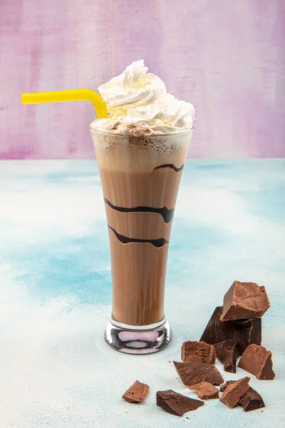 Chocolate Milk Whipped Cream Wooden Background — Stok Foto