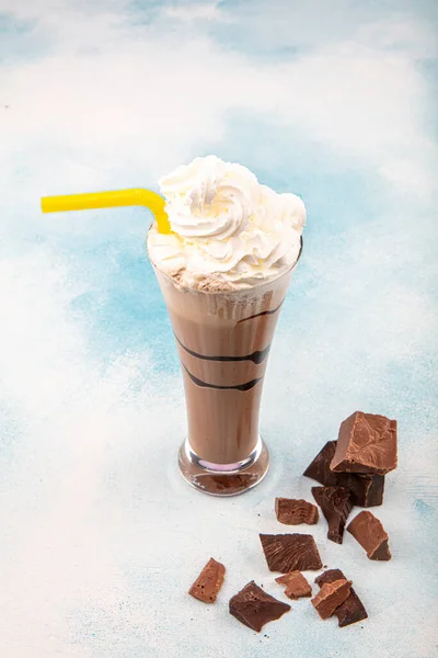 Chocolate Milk Whipped Cream Wooden Background — Stok Foto