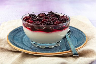 Lezzetli İtalyan tatlı panna cotta böğürtlen soslu. Vanilyalı puding, böğürtlen ve ahududu süslenmiş..