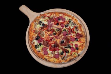  Karışık pizza, pizza zeytin, mantar, domates, peynir, sos ve daha fazlası. Üst Manzara. Yemek geçmişi. metin ve harf için boşluk kopyala.