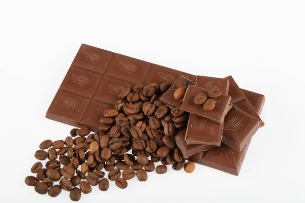 Choklad Kaffe Bakgrund Spridda Delar Bruten Bar Mörk Bitter Eller — Stockfoto