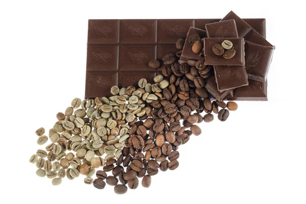 Fondo Chocolate Café Partes Dispersas Barra Rota Chocolate Amargo Oscuro — Foto de Stock
