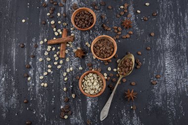 Koyu renkli arka planda üç farklı kahve çekirdeğinin üst görünümü.