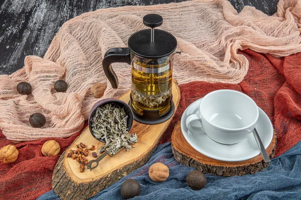Herbal Tea Sage Toned Photo Sage Brewing Glass Pot — Stock Photo, Image