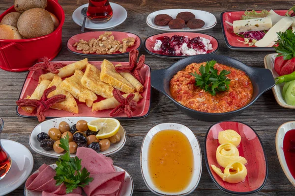 Traditionelle Türkische Küche Dorf Frühstücksrestaurant Konzept Traditionelles Türkisches Frühstück Serviert — Stockfoto