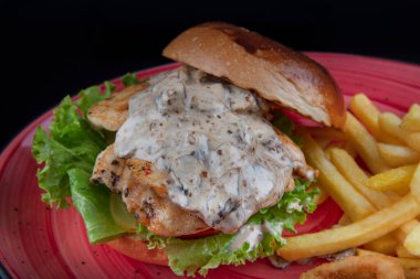Hawaii Burgerleri. Tavuk burger, domates, turşu, soğan ve marul ile nefis taze sandviç. Metin için boş alan