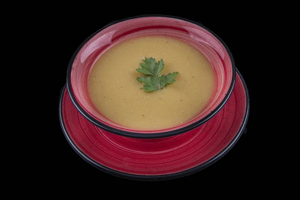 Lentil cream soup with and lemon, isolated on a black background. Top view image. — Stock Image Lentil Cream Soup Lemon Isolated Black Background Top View Image Royalty Free Stock Photos