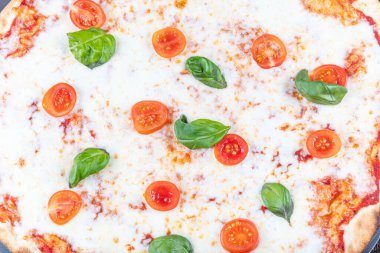 Margarita, mozzarella, peynir ve fesleğen yapraklı İtalyan pizzası..