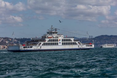 İstanbul, Türkiye - 29 Mart 2019; İstanbul Boğazı 'nda DO (İstanbul Deniz Otobüsleri) Feribotları. Eminonu, keşif gezisini Harem yapıyor. İstanbul Türkiye.