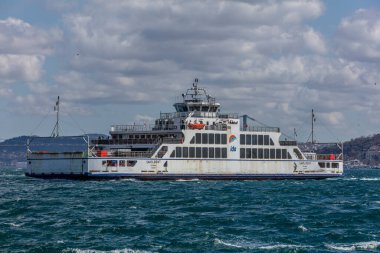 İstanbul, Türkiye - 29 Mart 2019; İstanbul Boğazı 'nda DO (İstanbul Deniz Otobüsleri) Feribotları. Eminonu, keşif gezisini Harem yapıyor. İstanbul Türkiye.