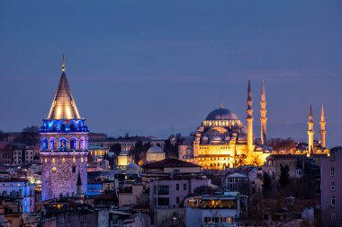 İstanbul 'un silüeti. Galata Kulesi, Süleyman Camii (Osmanlı İmparatorluğu Camii). İstanbul / Türkiye.