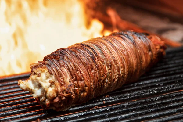 Turco Street Food Kokorec Rolos Feitos Com Assadura Intestino Cordeiro — Fotografia de Stock