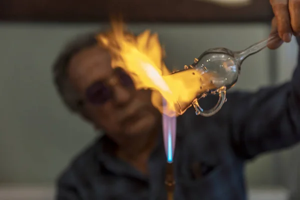 Close Macro Glass Blower Working Flame Handmade Wine Glass Precious — Stock Photo, Image