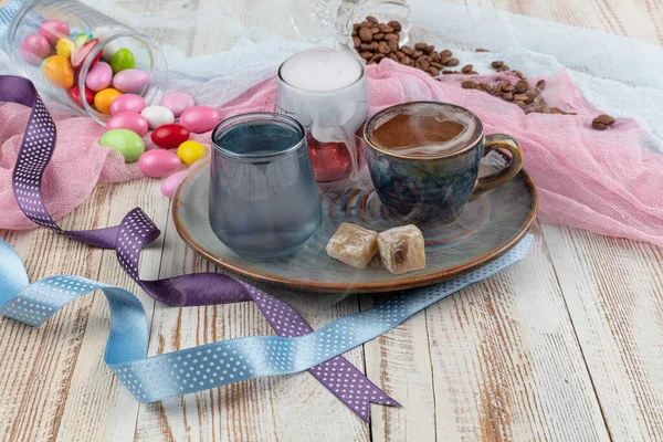 Hagyományos Török Kávé Porcelán Csésze Készlet Egy Pohár Víz Török — Stock Fotó