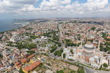 İstanbul hava fotoğrafı. Helikopterden görüntü: Ayasofya, Mavi Cami.