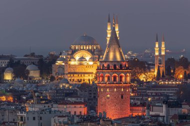 İstanbul 'un silüeti. Galata Kulesi, Süleyman Camii (Osmanlı İmparatorluğu Camii). İstanbul / Türkiye.