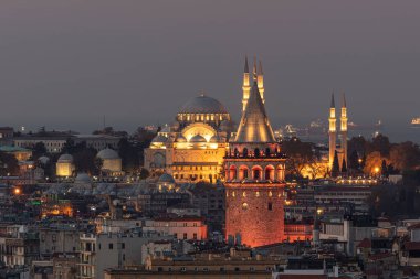 İstanbul 'un silüeti. Galata Kulesi, Süleyman Camii (Osmanlı İmparatorluğu Camii). İstanbul / Türkiye.