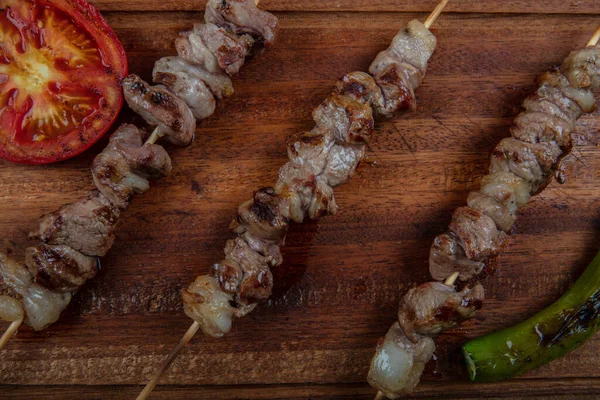 Špíz Maso Špíz Odpadky Chuť Kebab Dřevěných Tyčinkách — Stock fotografie