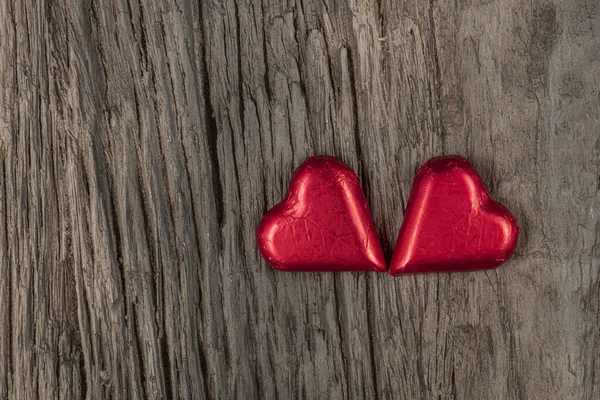 Chocolate Hearts Wooden Board Valentines Day Background Selective Focus — Stock Photo, Image