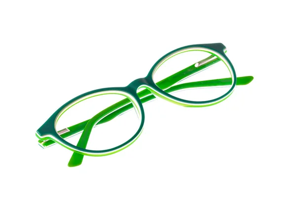 白色背景上有绿色框架的异质眼镜 业务或办公室风格 — 图库照片