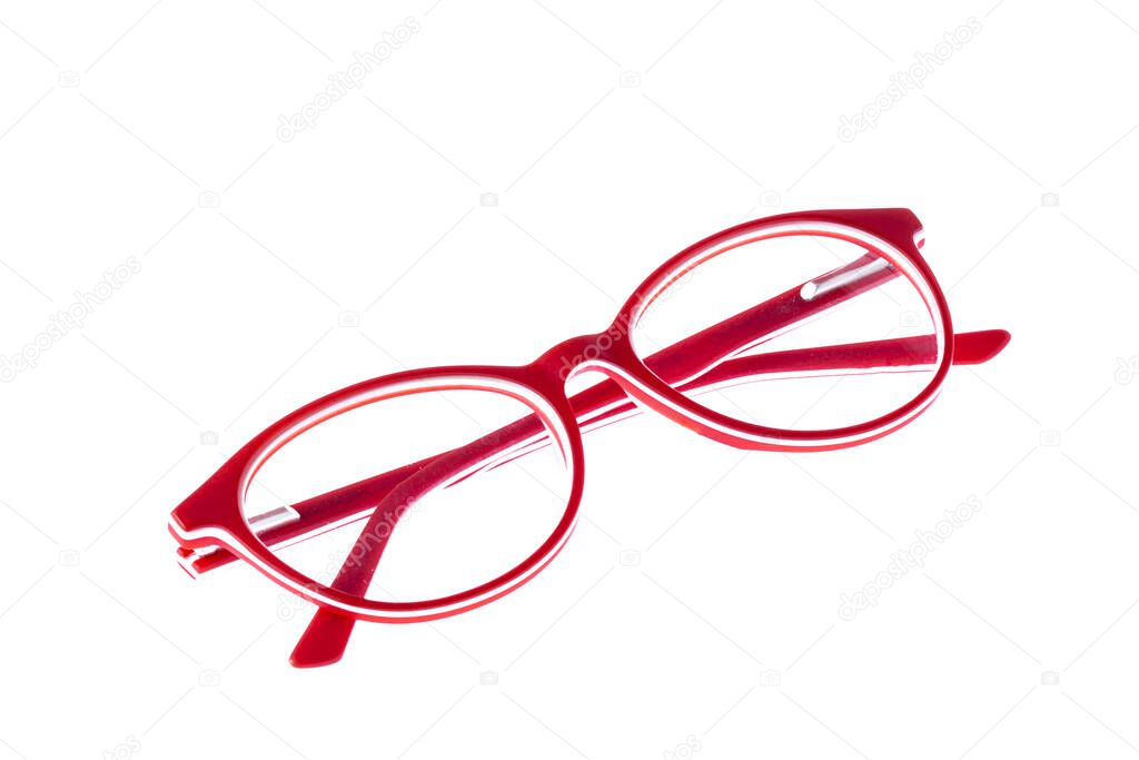 Glasses isolated on white background. Front view red glasses reading transparent in round frame, business or office style.